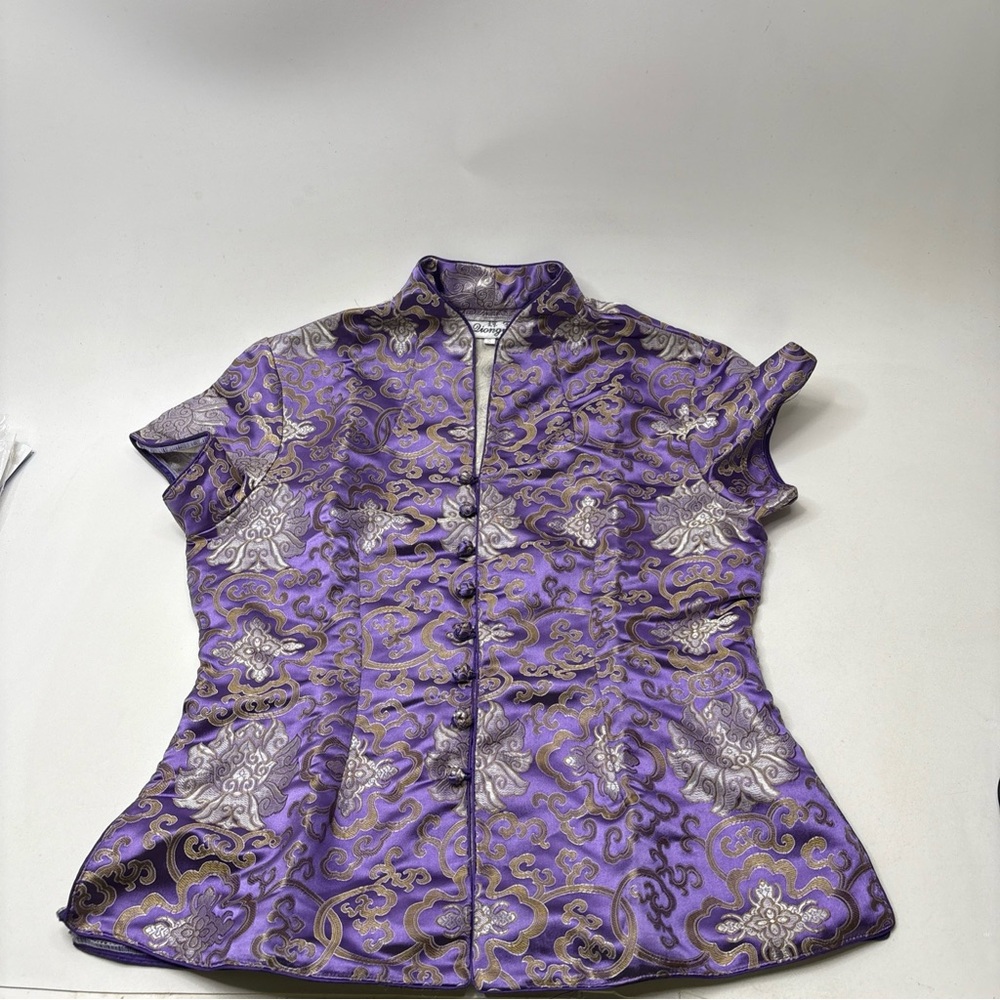 Purple Brocade Asian Style Blouse (Size S/M est.)